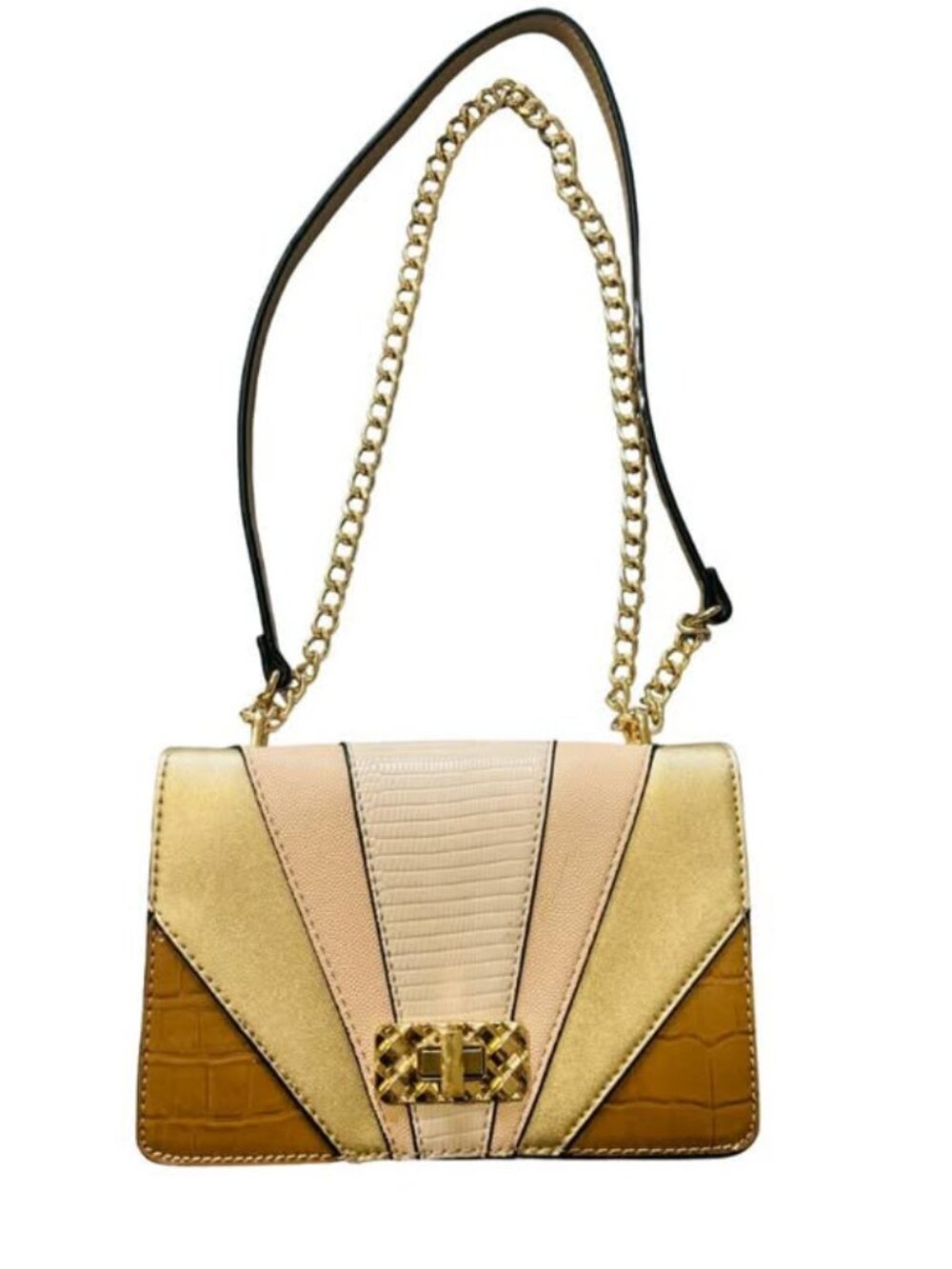 ALDO Colorblock Crossbody Bag Neutral Beige Brown Gold Chain